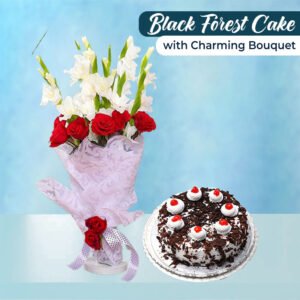 Charming Imported Flowers Bouquet with Black Forest Cake Online Gifts for Clients and Employees in Pakistan