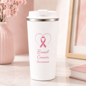 Breast Cancer Awareness Heart Ribbon Travel Tumbler