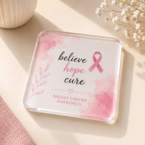 Believe Hope Cure Breast Cancer Awareness Acrylic Tea Coaster