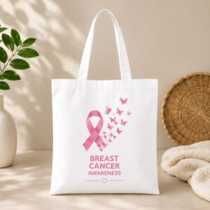 Breast Cancer Awareness Pink Ribbon Butterfly Canvas Tote Bag